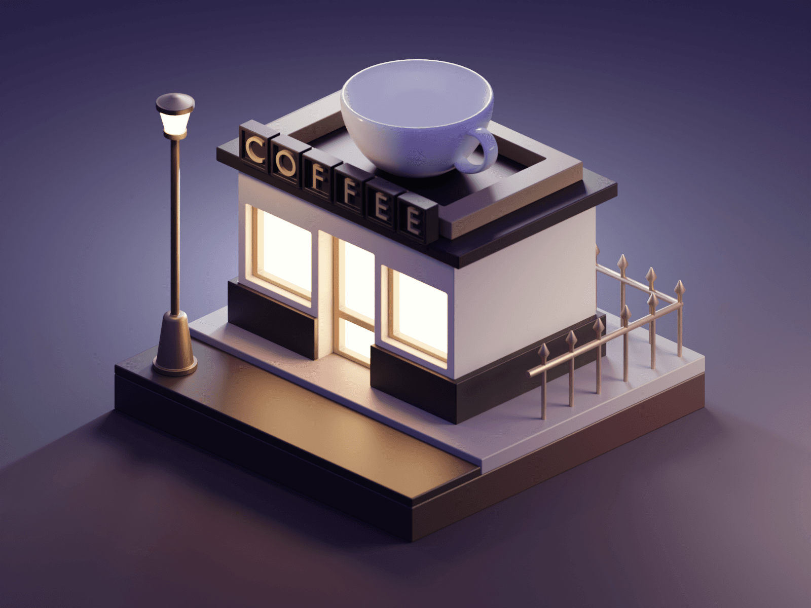 A small isometric coffee shop I modelled in Blender